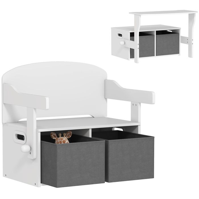 Coffre à jouet enfant 3 en 1 ensemble table et chaises avec 2 bacs en tissu amovibles 67 5 x 46 5 x 56 7 cm blanc