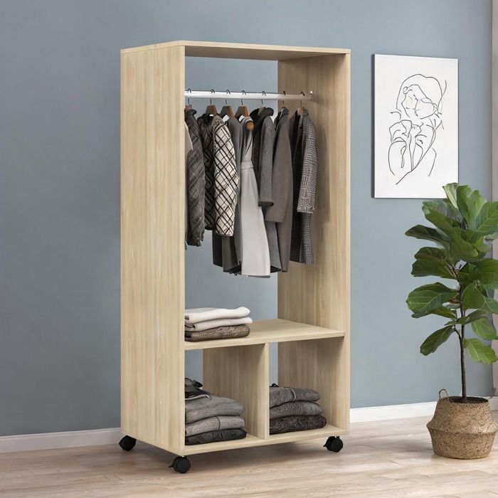 Armoire penderie mobile en panneaux de particules mélaminé bois naturel 4 niches 128 cm