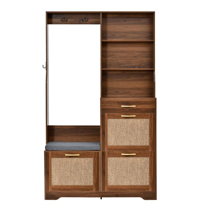 Vestiaire dentrée avec banc meuble à chaussures façade rotin crochets et tiroirs armoire de rangement couloir noyer