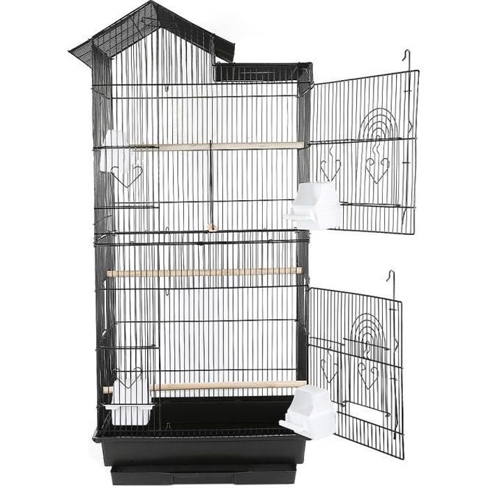 Grande Volière 4 mangeoires / 3 perchoirs pour Oiseaux Cage à Roulettes Canaries Perroquet Perruches Canaris