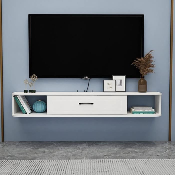 Meuble TV Mural Flottant 160 Cm - Bois Massif, Portes Rabattables, Rangement, Blanc Ou Noir - 6
