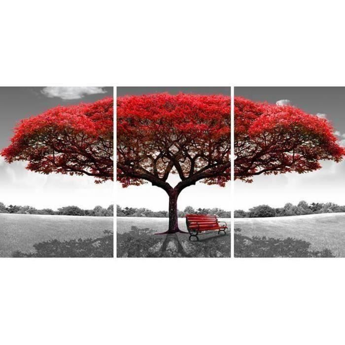 3pcs Tableau Peinture à Huile Toile Rouge Arbre D&