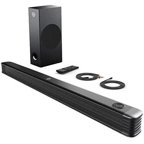 Barre de Son TV 130 DB Soundbar à Basses Profondes pour Home Cinéma Barre de Son 150W avec Caisson de Basses USB RCA Compatible avec Bluetooth 5.0 AUX Barre de Son 2.1 Entrée Optique