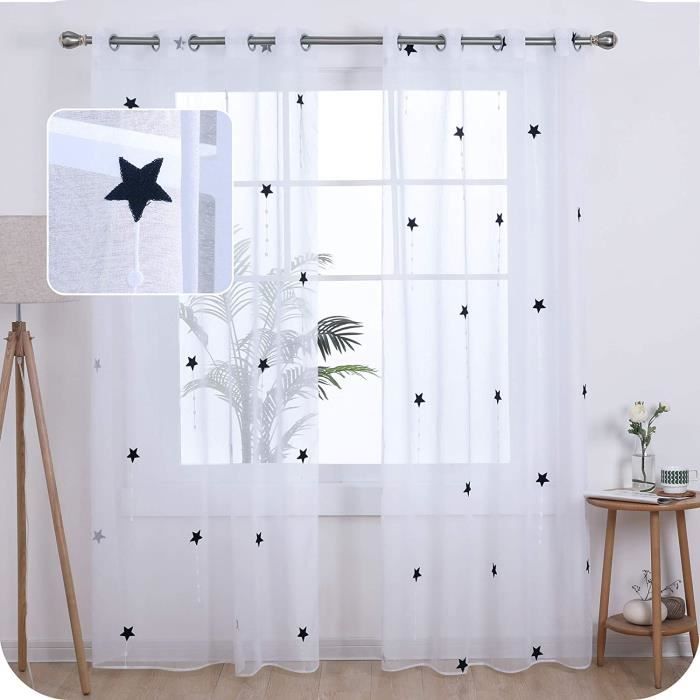 Umi Lot De 2 Rideaux Voilage Blanc Rideau Chambre Bebe 140x240cm Effet Lin A Oeillet Avec Motif Broderie Bleu Marine Cdiscount Maison