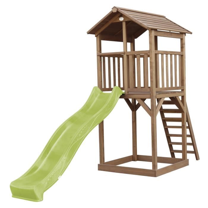AXI Beach Tower Aire de Jeux avec Toboggan en vert clair & Bac à Sable | Grande Maison enfant extérieur en marron