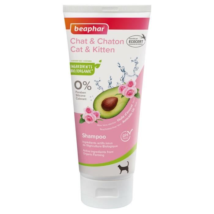 Comparer les prix de BEAPHAR – Shampoing labellisé ECOCERT pour Chat et Chaton – Contient de l'Aloe Vera, de l'huile d'Avocat et de la Rose Bio – 200 ML