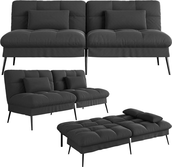 Canapé Convertible en Peluche canape 3 PlacesPieds en métal 174 * 55 * 72cmNoir
