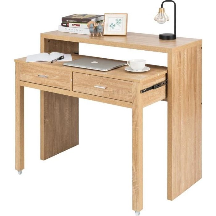 giantex bureau informatique extensible en bois à roulettes avec 2 tiroirs,table d'ordinateur portable,table bureau/chambre,naturel