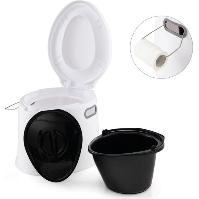 WC Portable de Camping - GOPLUS - Capacité de 5L - Charge 200KG - Toilette Sèche avec Couvercle - Seau Amovible - Blanc