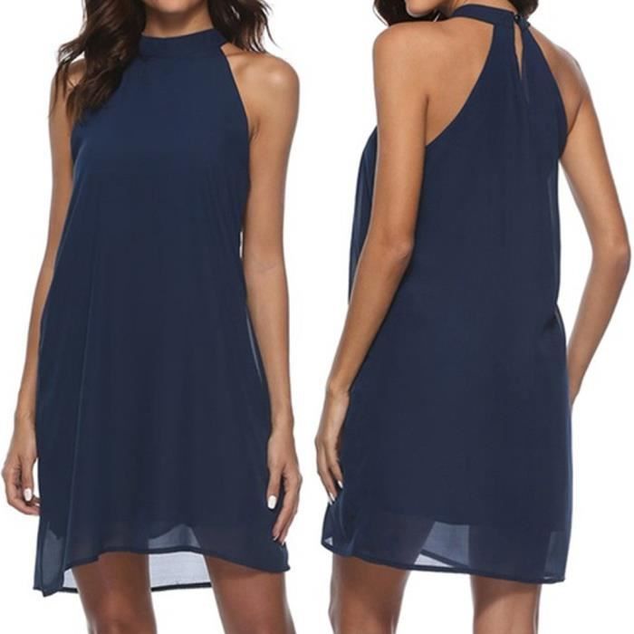 Mode Femmes Casual En Mousseline De Soie D Ete Solide O Cou Sans Manches Backless Robe Bleu Marine Bleu Marine Achat Vente Robe Cdiscount