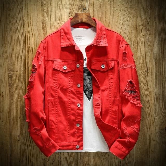 Ekb Jean Pour Hommes Veste Coupe Ajustee Coton Denim Veste Rouge Blanc Noir Dechire Trou Jean Manteaux Hommes Outwear Jeunes Homm Rouge Cdiscount Pret a Porter