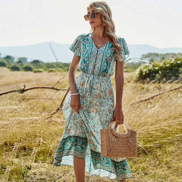 robe de loisirs patchwork robe de plage chemisier t-shirt manches courtes ligne A Robe d'été pour femme tunique élégante robe midi. col en V 