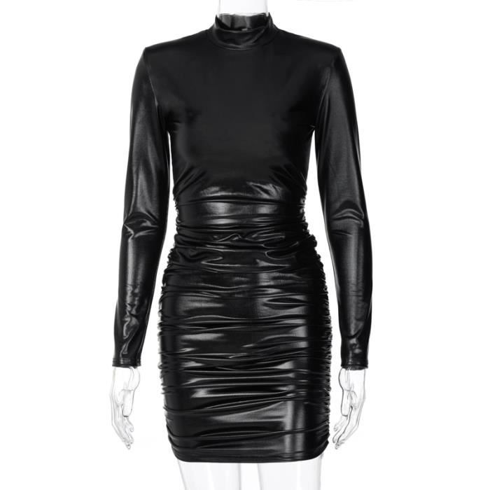 Robe Hugcitar 2020 a manches longues en cuir Pu epaule rembourre empile Sexy Mini robe automne hiver femmes mode Type Black Blanc Cdiscount Pret a Porter