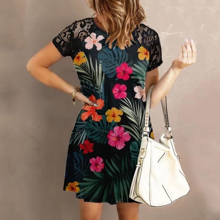 Robe Desigual Noire Imprimée Floral Et Dentelle - Taille 38 - Style Hippie Chic