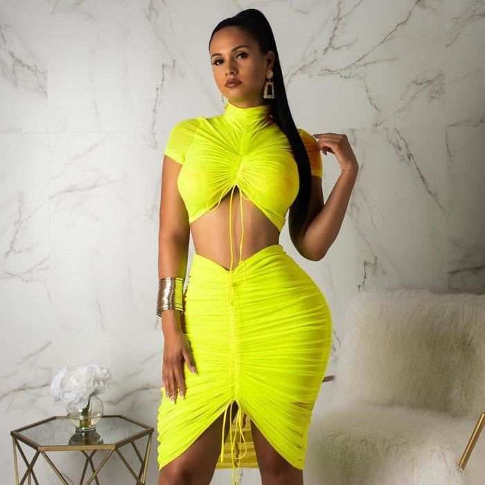 Robe Ensemble 2 pieces col roule pour femmes vert neon jaune Sexy manches courtes haut court robe plissee moulante Yellow F527 Blanc Cdiscount Pret a Porter