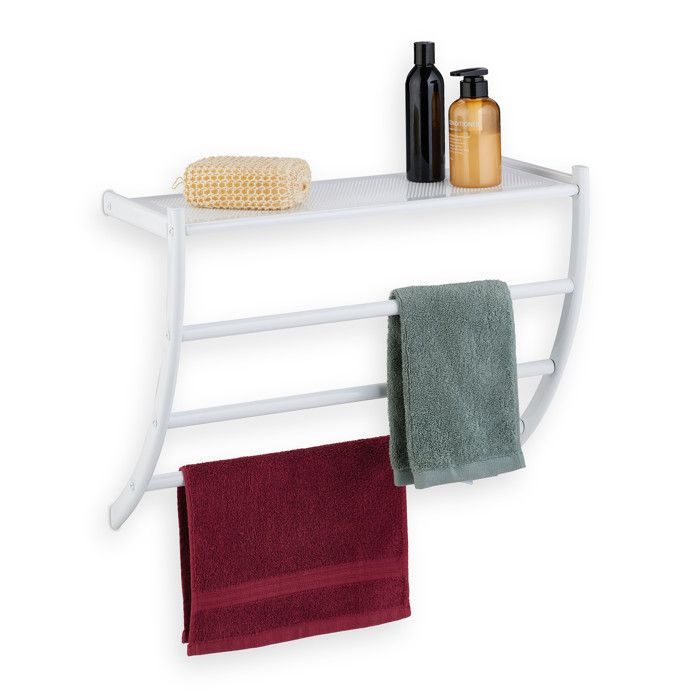 Relaxdays Porte-serviettes mural HxLxP: 44 x 56 5 x 23 cm tablette & 3 barres support serviettes salle de bain blanc