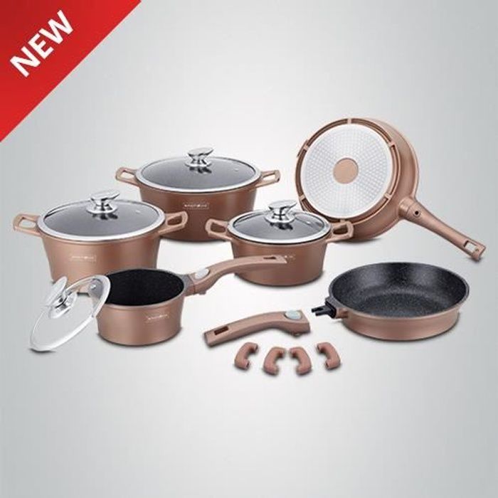 Batterie De Cuisine Professionnelle 14 Pieces Fonte Aluminium Revetement Marbre Marque Royalty Line Avec Poignees Amovibles Achat Vente Batterie De Cuisine Batterie De Cuisine Profess Cdiscount