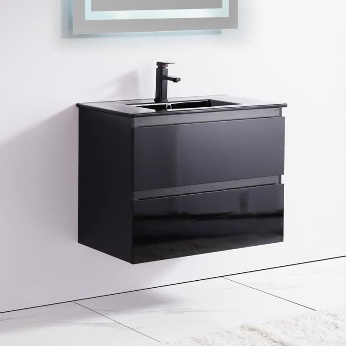 Meuble de salle de bain suspendu Dark 80 cm noir avec plan vasque en céramique noir brillant