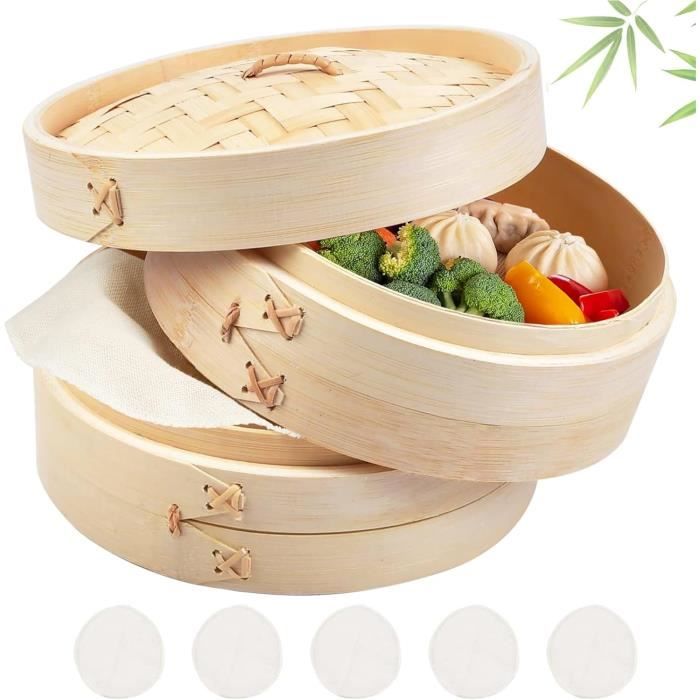 Panier Vapeur Bambou 20cm - 2 Niveaux - Naturel - Pour Raviolis Et Légumes - Avec Papier Vapeur