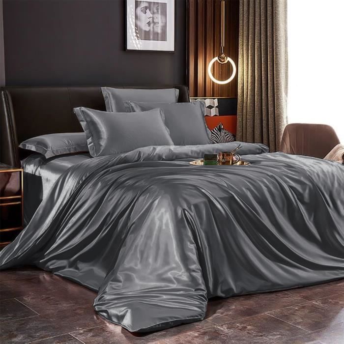 Gezu Housse De Couette Satin 220x240 Cm Vin Rouge Gris Foncé – Parure De Lit Double Face Moderne Avec 2 Taies 65x65 Cm, Fermeture Éclair