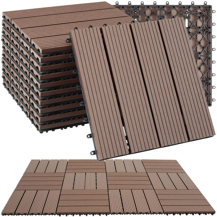 Dalles de terrasse - TECTAKE - Lot de 11 dalles de terrasse TEGULAS en WPC aspect bois 31 x 31 x 22 cm - Marron