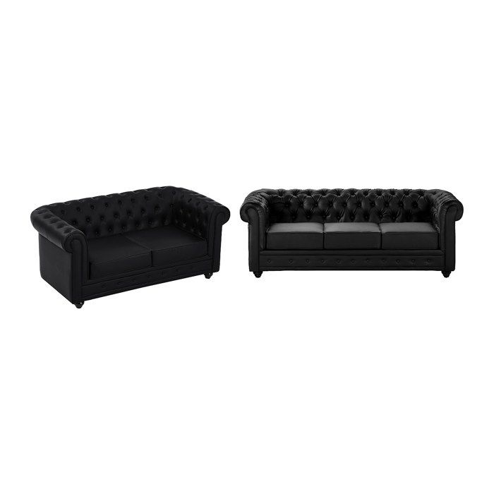 Canapés 3 places et 2 places en simili noir CHESTERFIELD