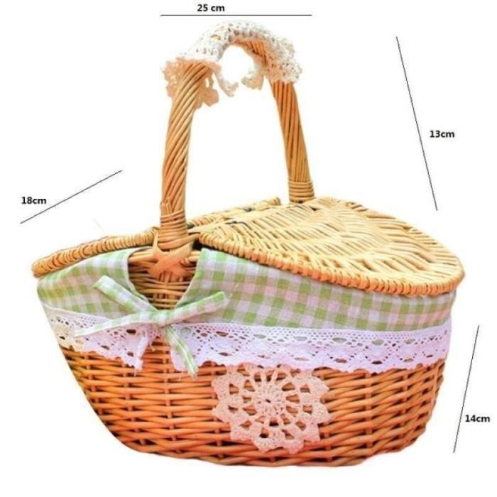 Panier Pique-nique En Osier Avec Couvercle - 25x18cm, Doublure à Carreaux, Portable