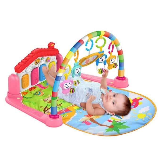 Tapis d'éveil musical pour bébé tapis de jeu avec piano pivotant musique et  lumière 4 jouets et 1 miroir bleu garni de coton - Conforama