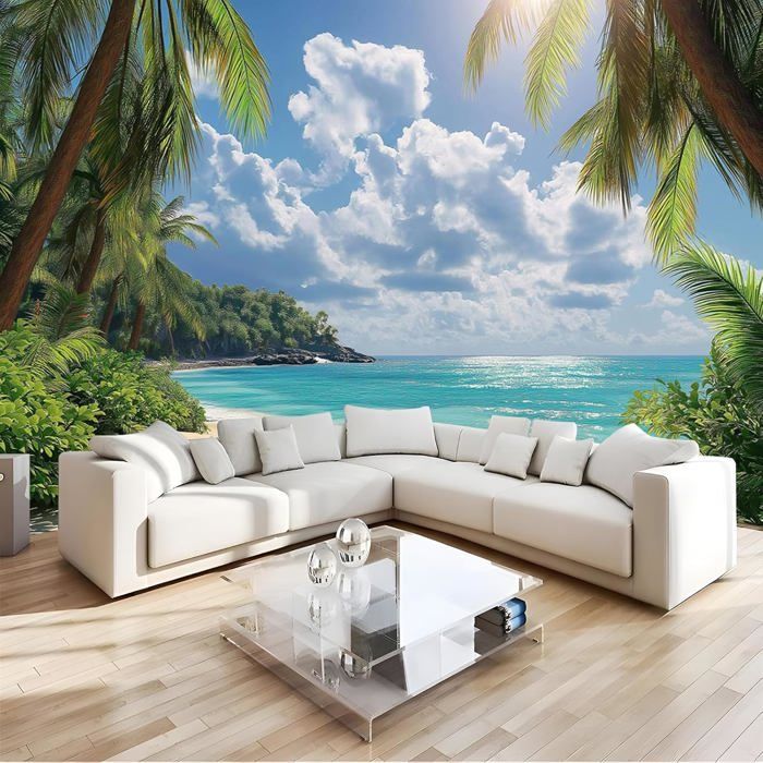 Papier Peint Panoramique Plage Avec Palmiers Soie,350×250 Cm (W×H ...