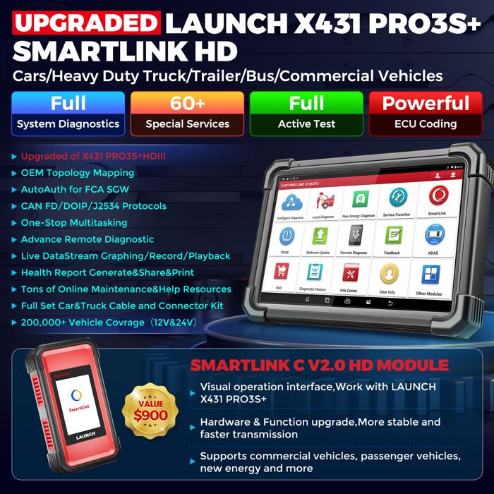 Launch X431 PRO3S+Smartlink HD Valise Diagnostic Auto pour Poids Lourds ...