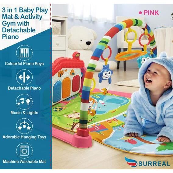 Tapis d'éveil musical pour bébé tapis de jeu avec piano pivotant musique et  lumière 4 jouets et 1 miroir bleu garni de coton - Conforama