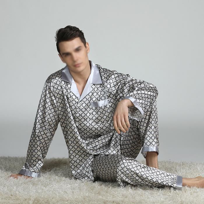 Pyjama en Satin pour Homme Vetements de nuit a Manches longues Haut et Pant Ensemble de Vetements de Detente Boutonne Silver Argent Cdiscount Pret a Porter