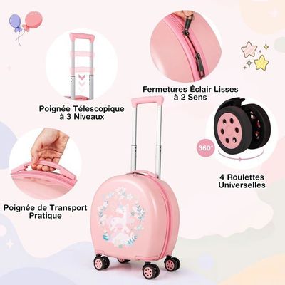 Valise Cabine Enfant 4 Pièces – 14” Valise + Sac à Dos 10” + Oreiller + Étiquette – Motif Licorne – Pour 3-7 Ans (Rose)