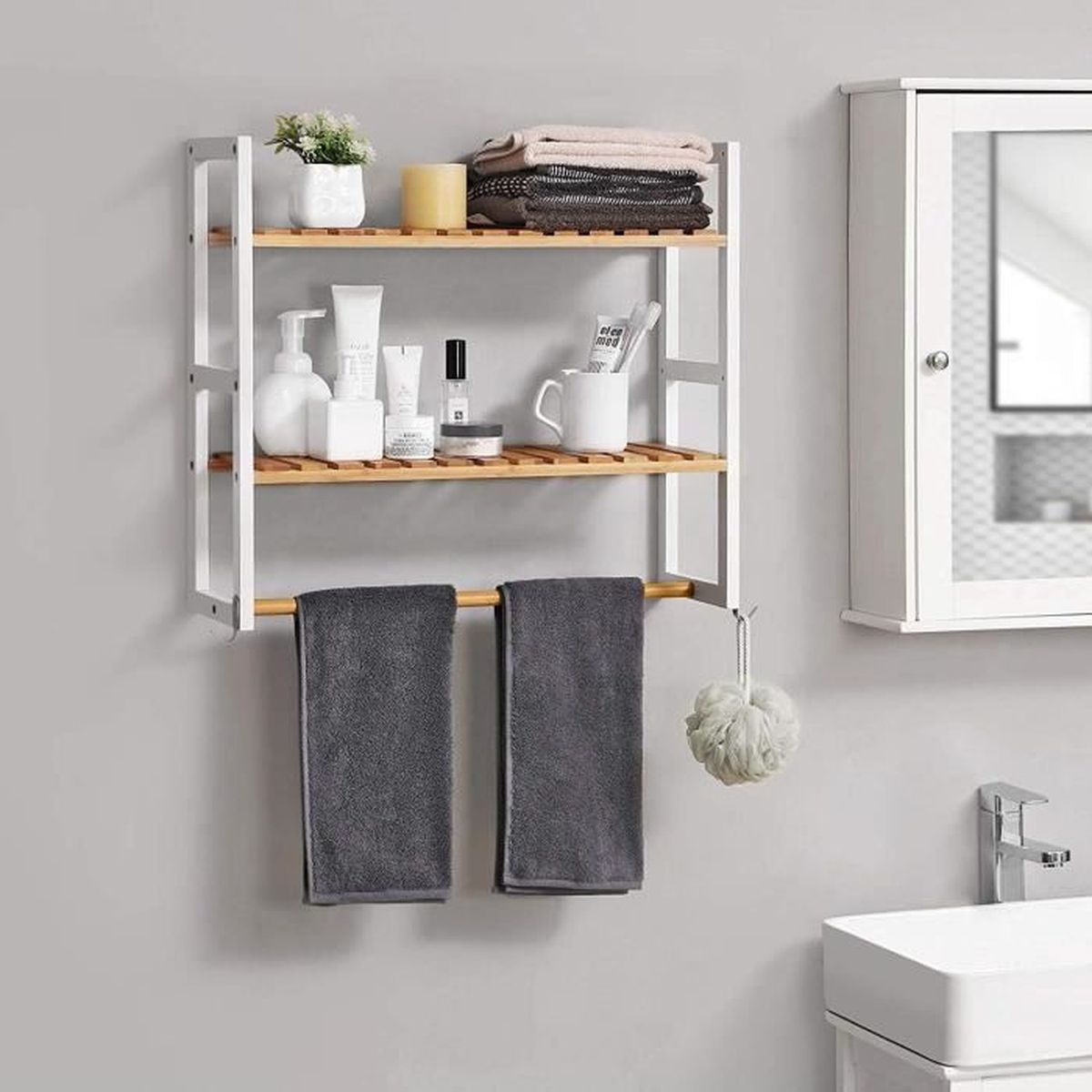 SONGMICS Meuble Étagère en Bambou avec Porte-serviettes Étagère SONGMICS Meuble Étagère en Bambou avec Porte-serviettes Étagère