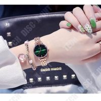 TD® Coffret Cadeau Montre en Quartz pour Femme Fille - Cadran vert + Bracelet à Perles Argentées et Roses avec Fleur Cadeau