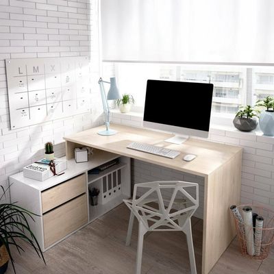 Dmora Bureau Billings Extensible – Bureau PC 2 Tiroirs 99x36x88 Cm Blanc Et Chêne – Console Multifonction Petite Surface