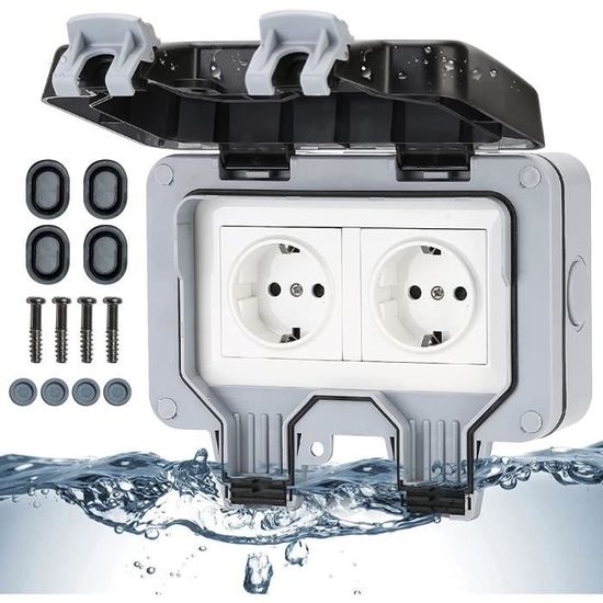 Prise Extérieure Double étanche IP66 - Interrupteur Indépendant Avec Voyant - Sécurité Enfant - Pour Jardin, Piscine, Garage