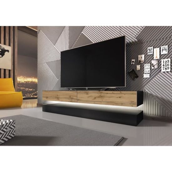 3xEliving Meuble TV innovant et moderne Sajna 140cm, chêne WOTAN / NOIR, LED