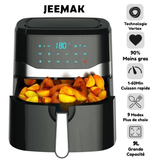JEEMAK Friteuse a air chaud 0% BPA sans huile,1700W Air Fryer 9L grande capacité,9 Modes préréglés,Panier amovible et lavable