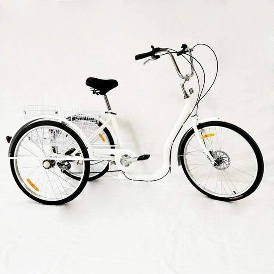 Blanc Tricycle pour adulte - 6 vitesses - 26 pouces - Avec grand panier-Cadre en Alliage 3 Roues