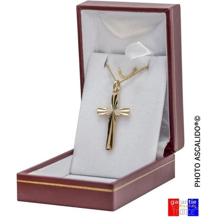 croix chrétienne large ciselée en rayon de soleil de 3cm collier avec pendentif plaqué or chaine 50cm pour homme avec boite ecrin