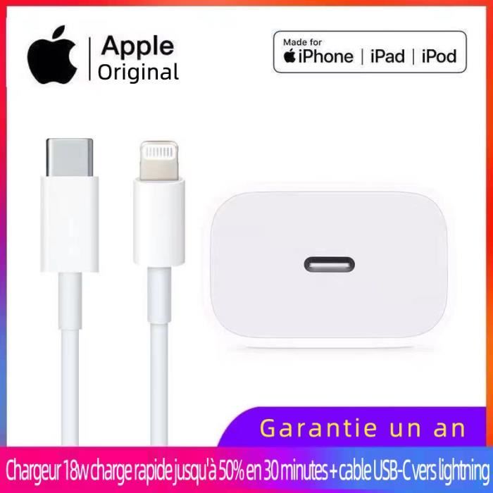 Chargeur 18w charge rapide jusqu'à 50% en 30 minutes + cable USB-C vers lightning