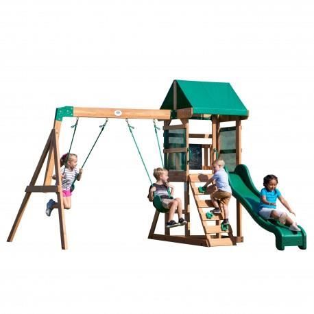 Structure de jeu Backyard Discovery Playset Buckley Hill maisonnette en bois pour enfant mur d'escalade, balançoires, toboggan