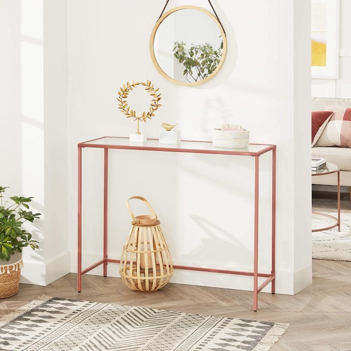 VASAGLE Table console, Table d’entrée, Dessus de Table en Verre trempé, cadre métallique, pieds réglables, Rose Gold LGT026A02