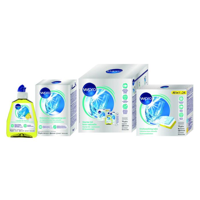 WPRO PACK de Démarrage pour Lave Vaisselle 24 Tablettes + Liquide Rinçage + Sel Regénérant