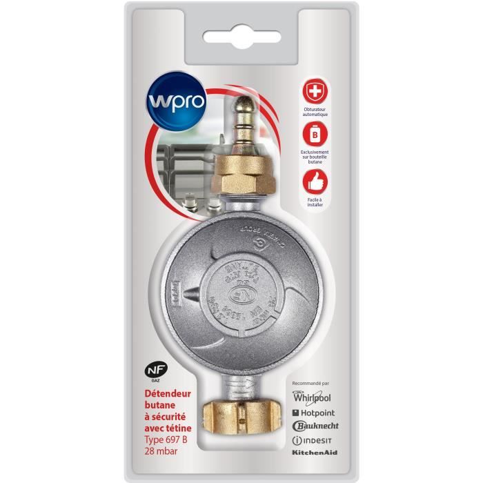 WPRO DBB028 Détendeur avec obturateur automatique intégré pour gaz butane avec tétine amovible pression 28mbar