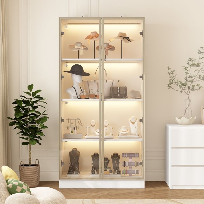 Vitrine En Verre Sur Pied - 36x42x125cm, 3 étagères, Porte Verrouillable - Pour Collection, Bar, Salon (Noir/Blanc)