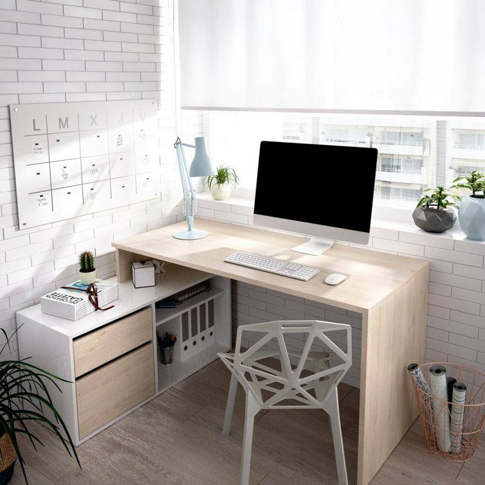 Dmora - Bureau Andor 139 x 92 x h75 cm blanc brillant chêne Panneau effet bois
