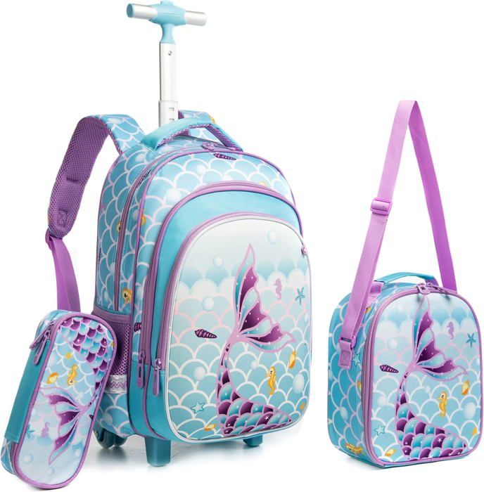 Cartable Fille à Roulettes 3 En 1 Sirène – 16 Pouces, Primaire, Avec Boîte à Déjeuner Et Trousse, Idéal 5-12 Ans, École Et Voyage