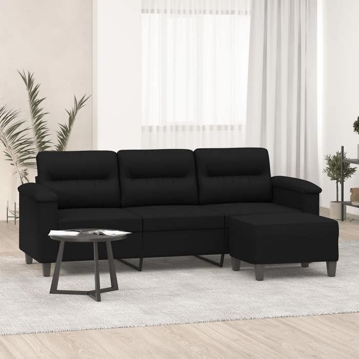 vidaXL Canapé 3 places avec repose-pieds Noir 180 cm Tissu microfibre canapé canapé avec repose-pieds canapé trois 3201234